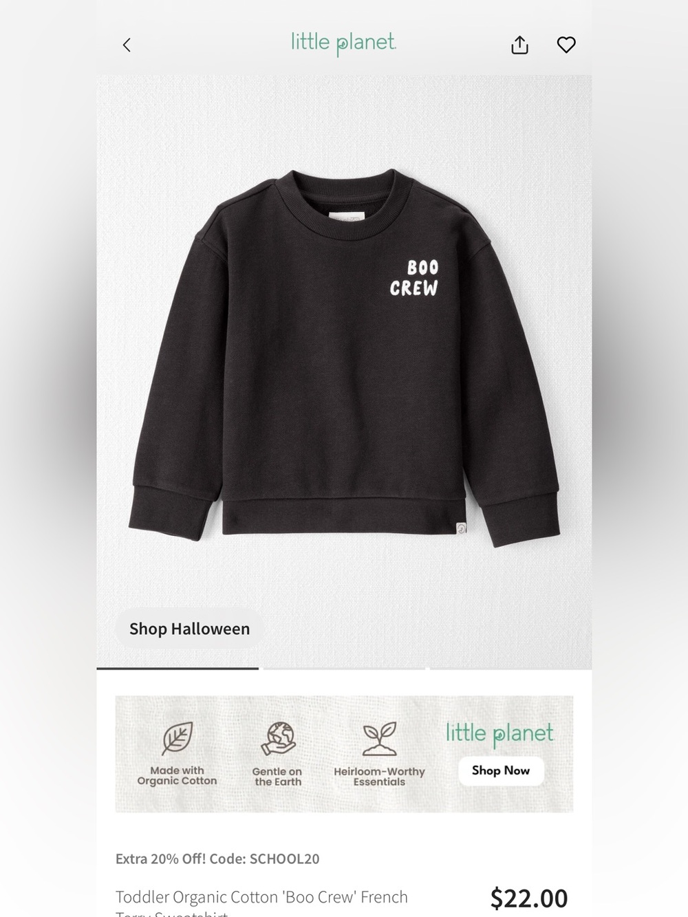 NWT Little Planet Toddler 'Boo Crew' Black Crewneck Sweatshirt